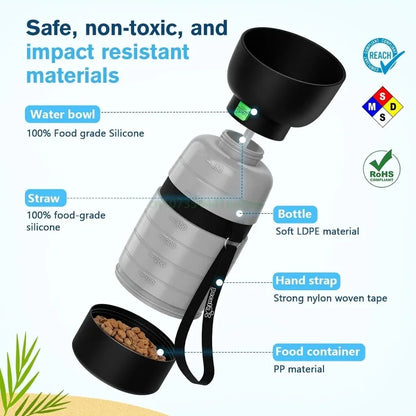 All-in-One Portable Dog Water Bottle with Food Container (650ml)