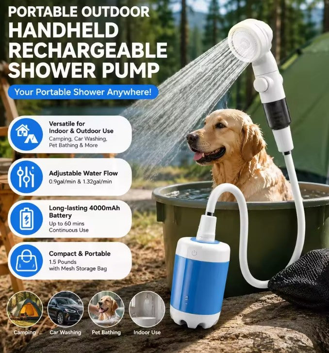 Portable Rechargeable Outdoor Shower — 4000mAh Battery, 2 Flow Rates, Perfect for Dog Bathing, Car Washing & Camping